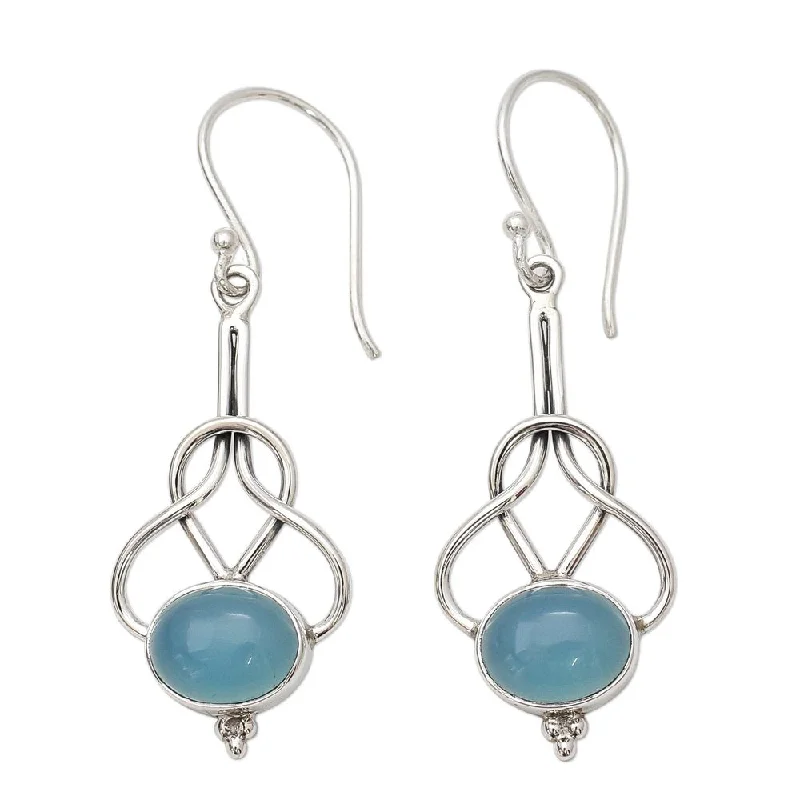 Handmade Sterling Silver Positive Path Chalcedony Earrings (India) - Blue - 1.8L*0.6W