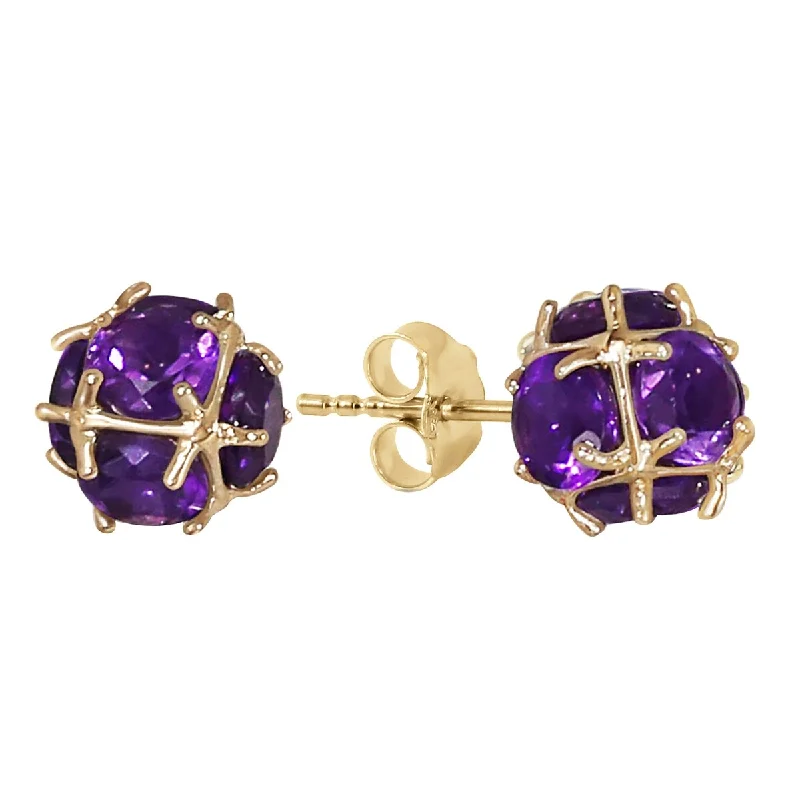 14K Solid Gold Stud Elegant Gemstone Earrings w/ Natural Amethysts