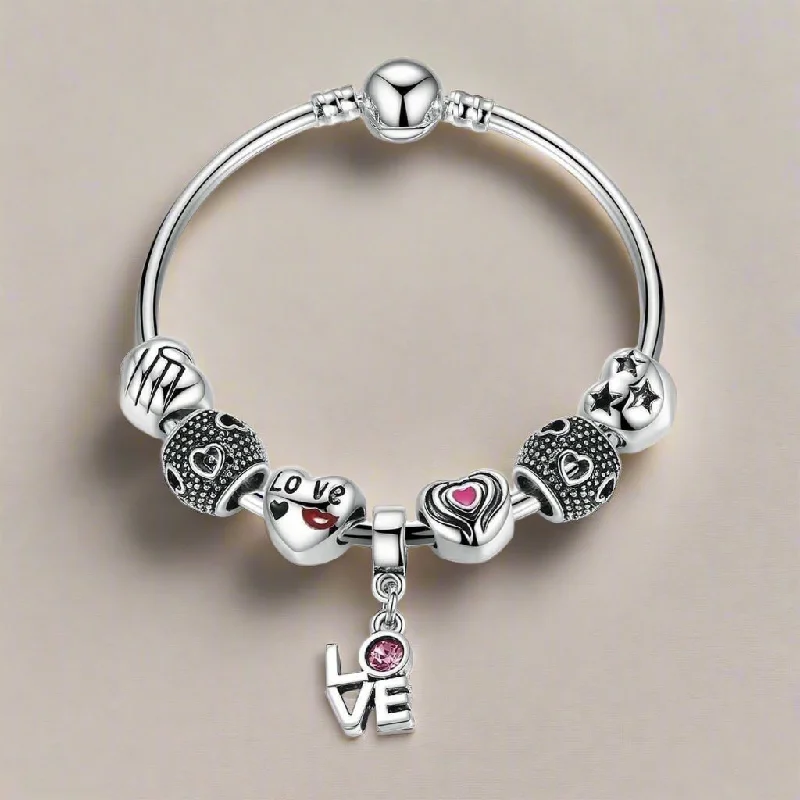 True Love Heart Charm Bead Collection Silver Bangle Bracelet for Woman