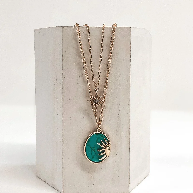 Double Layered Necklace with Oval Semi Precious Stone Pendant in Turquoise