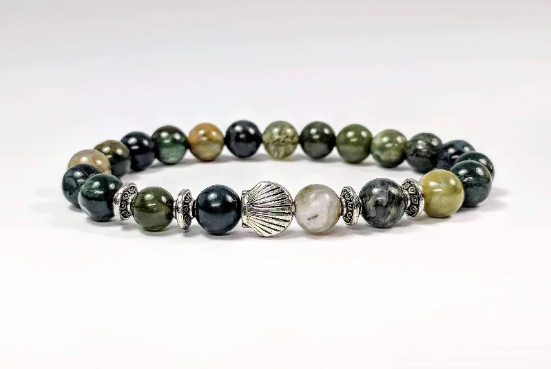 Seashell And Moss Green Genuine Agate Gemstone Bead Bracelet