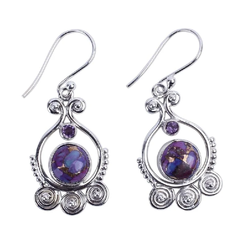 Handmade Sterling Silver 'Exotic Swirls' Turquoise Amethyst Earrings (India) - 1.7*0.7