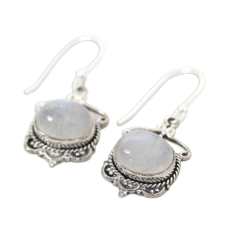 Handmade Sterling Silver 'Moonlit Decadence' Rainbow Moonstone Earrings (India) - 1.4*0.6