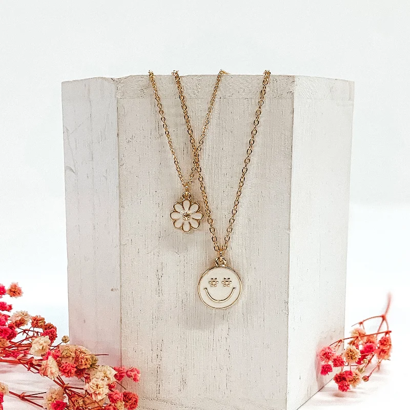 Double Layered Gold Necklace with Flower and Happy Face Pendant in Ivory