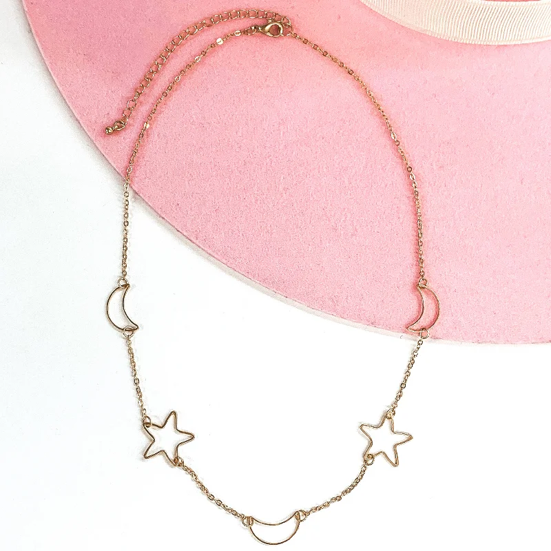 To The Moon and Stars Necklace in Gold