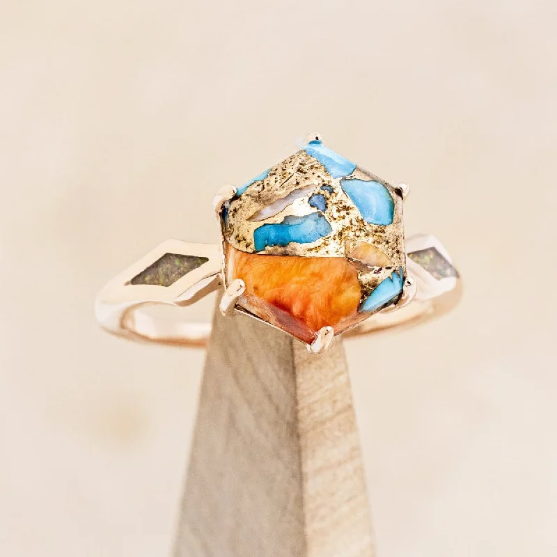 "LOVE STORY" - HEXAGON SPINY OYSTER TURQUOISE ENGAGEMENT RING WITH FIRE & ICE OPAL INLAYS