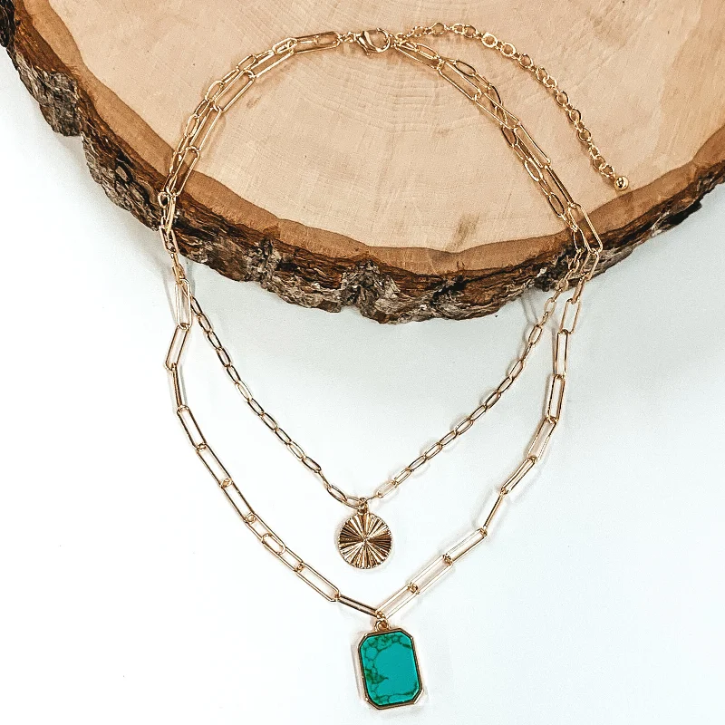 Double Layered Gold Paperclip Chain with Semi Precious Stone Pendant in Turquoise