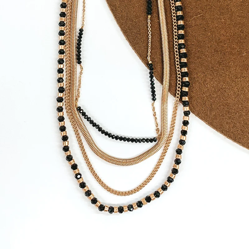 Four Strand Chain and Beaded Necklace in Black