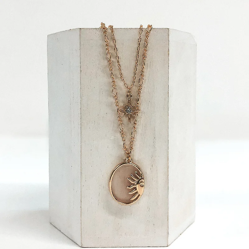 Double Layered Necklace with Oval Semi Precious Stone Pendant in Opaque Rose