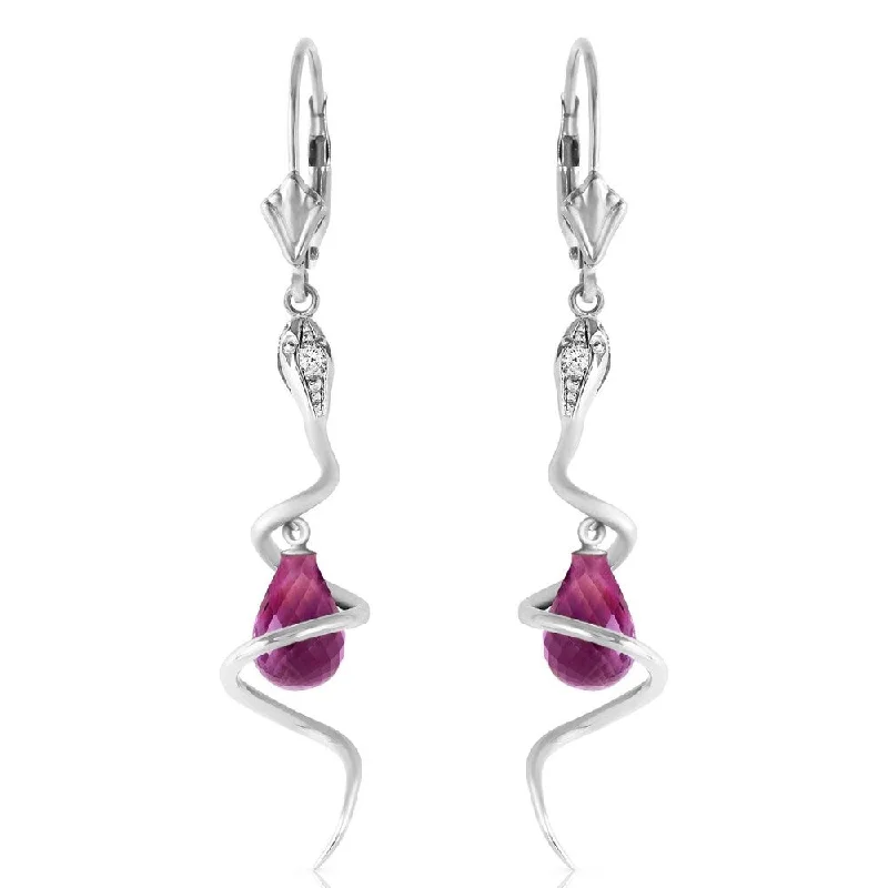 14K Solid White Gold Snake Earrings with Dangling Briolette Amethysts & Diamonds