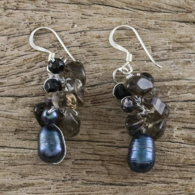 Handmade Silver Pearl and Smokey Quartz Surreal Earrings (Thailand)