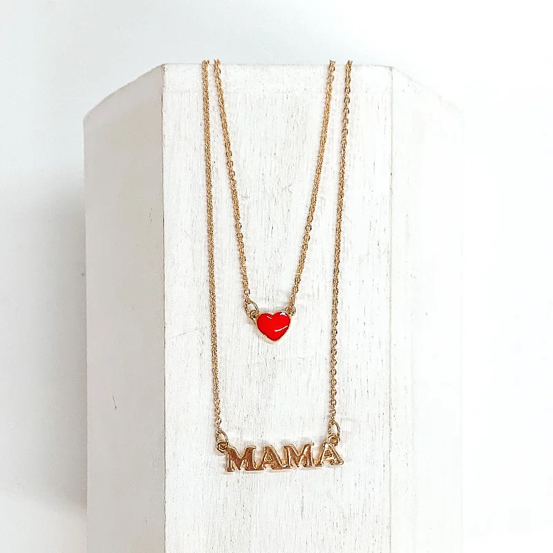 Two Strand MAMA Necklace with Red Heart Charm in Gold