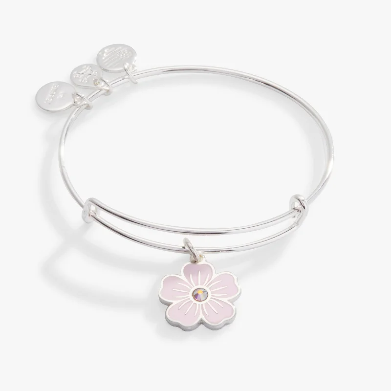 Pink Pansy and Crystal Charm Bangle Bracelet