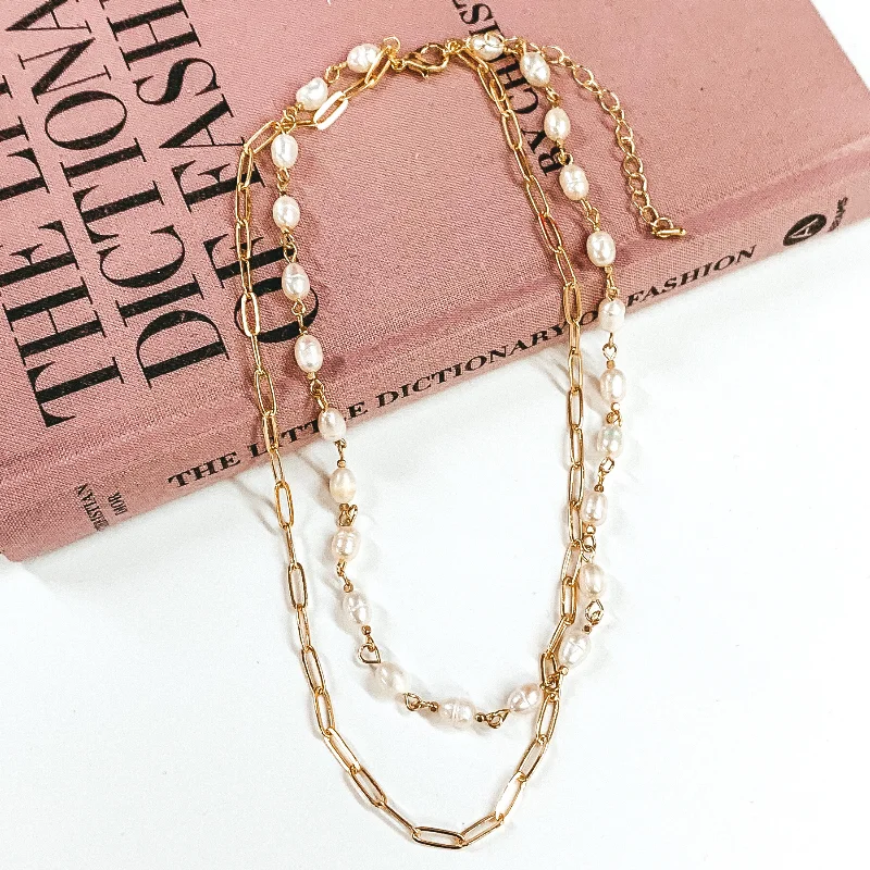 Double Layered Paperclip Chain and White Pearl Linked Necklace in Gold Tone