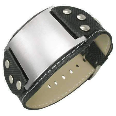 Rocker Black Leather Cuff Engravable Stainless Steel Bracelet