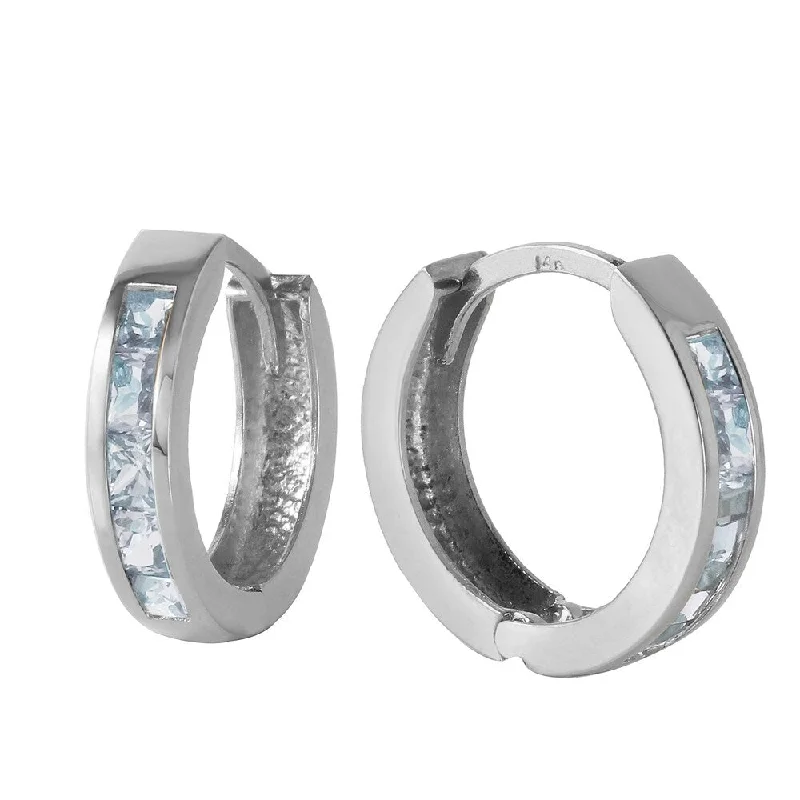 0.85 CTW 14K Solid White Gold Hoop Huggie Earrings Aquamarine