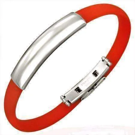 Red Silicone Bracelet with Engraveable Stainless Steel Band