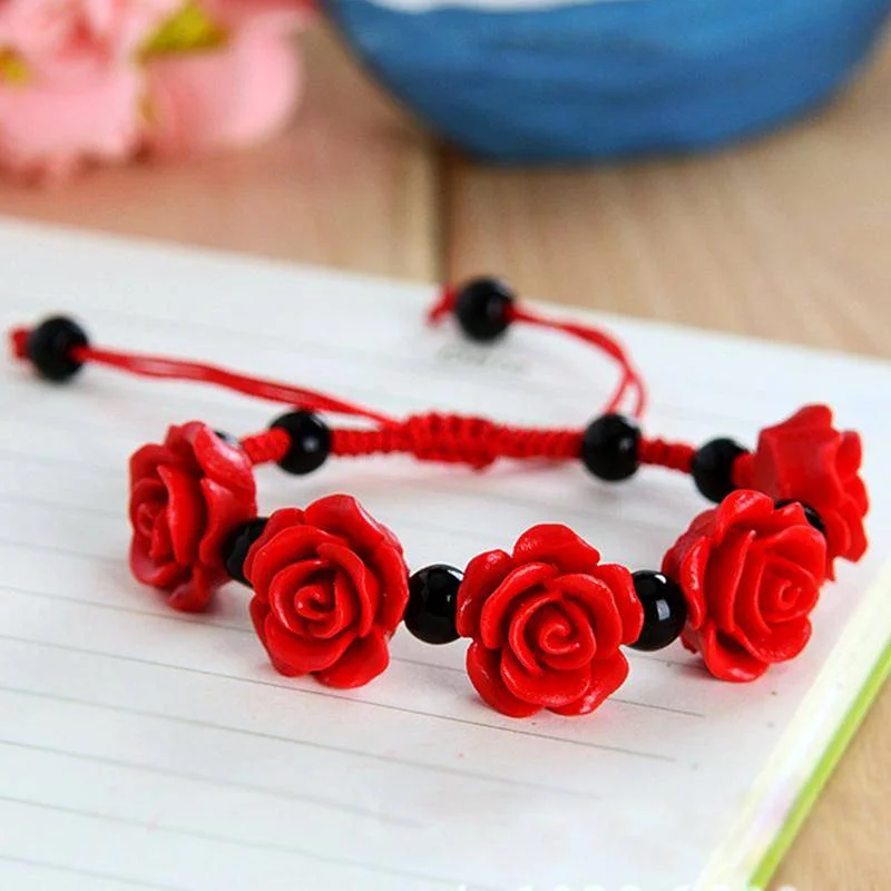 Cinnabar Rose Beaded Bracelet for Women