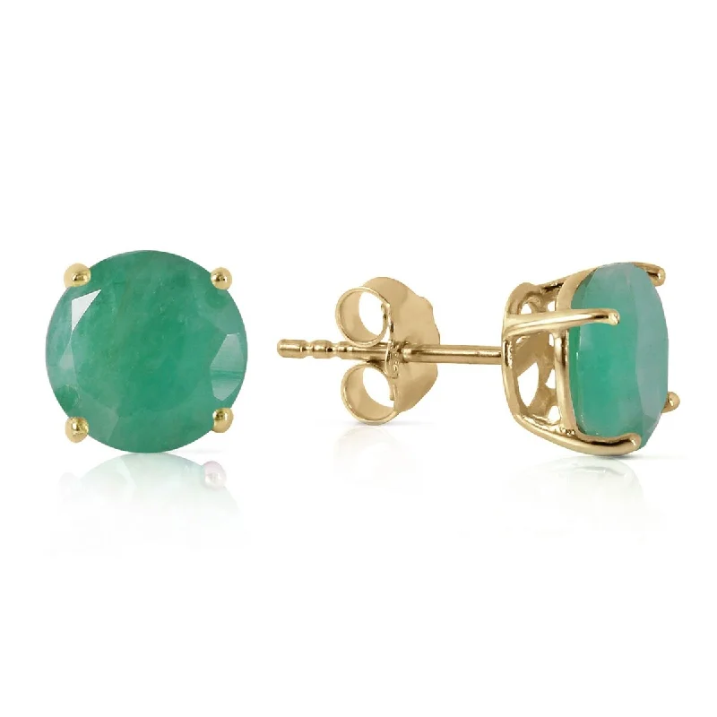 14K Solid Gold Stud Earrings Round Shaped Natural Emerald Gemstone