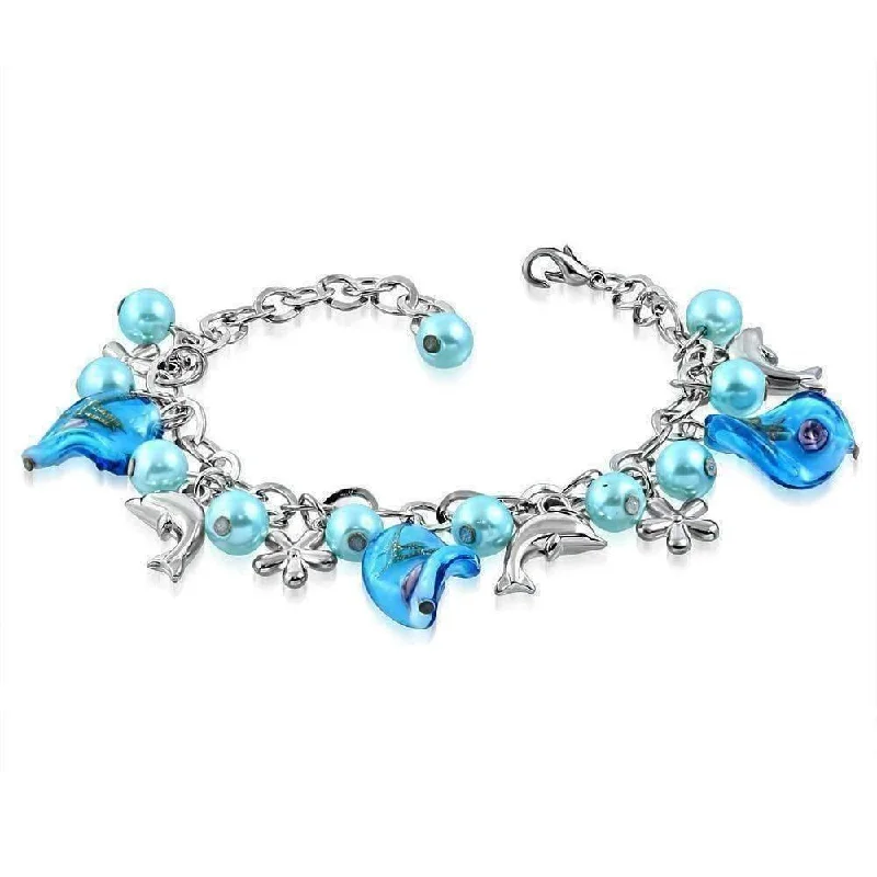 Sea Glass Dolphin Charm and Bead Bracelet ~ Three Colors to Choose