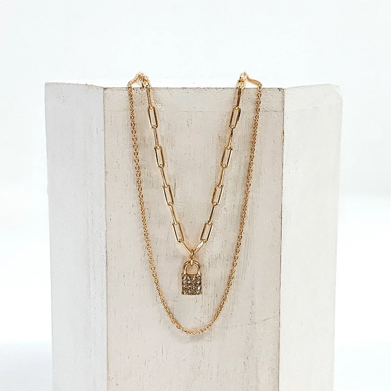 Double Strand Necklace with Crystal Lock Charm in Gold