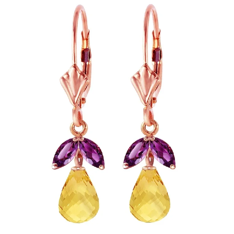 3.4 Carat 14K Solid Rose Gold Leverback Earrings Citrine Amethyst