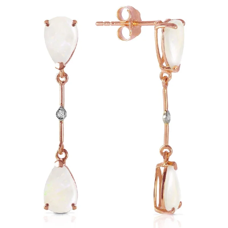 14K Solid Rose Gold Diamonds & Opals Dangling Earrings