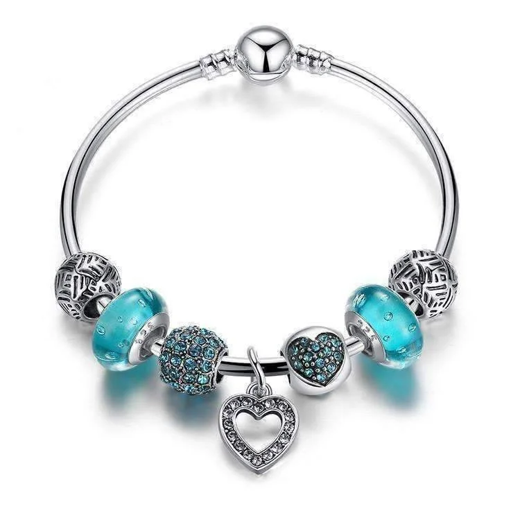 Inspirational Heart Aqua Crystal Charm Collection Silver Bangle Bracelet **dont use***