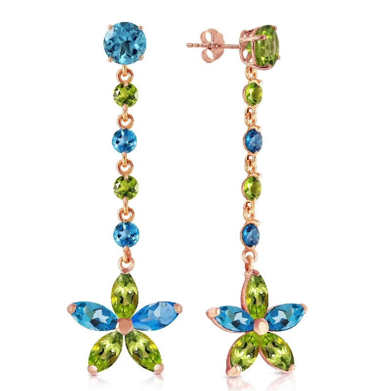 14K Solid Gold Chandelier Earrings w/ Natural Blue Topaz & Peridots