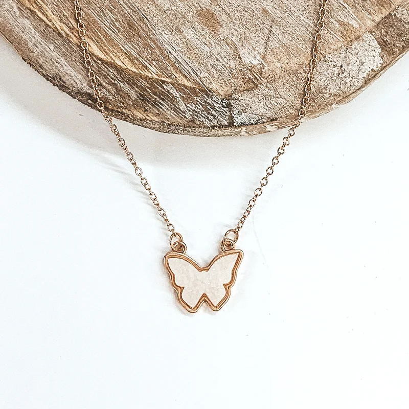 Druzy Butterfly Gold Necklace in White