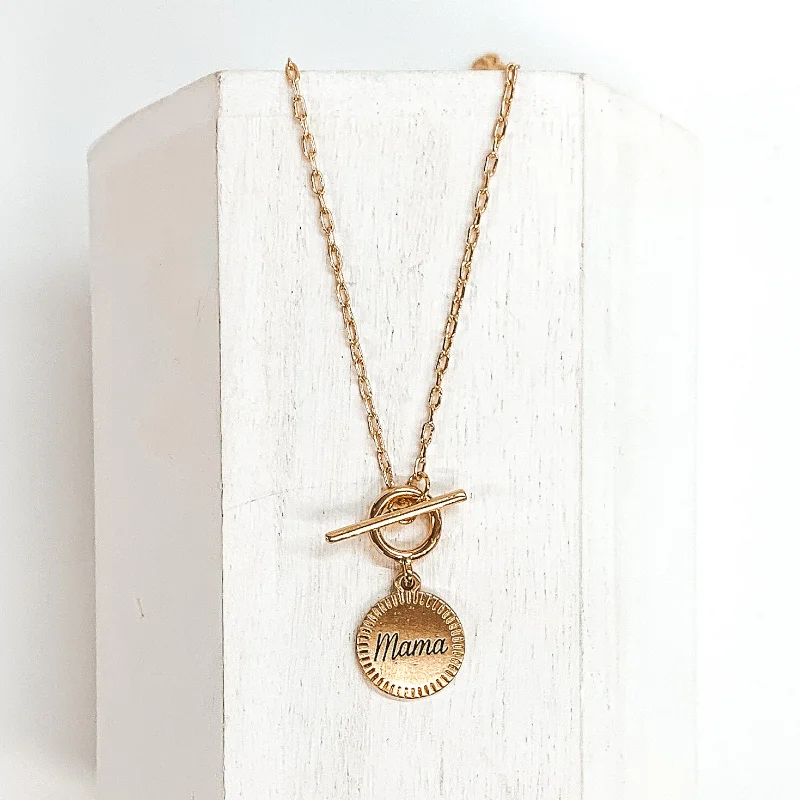 Chain Necklace with "Mama" Circle Pendant and Front Toggle Clasp in Gold