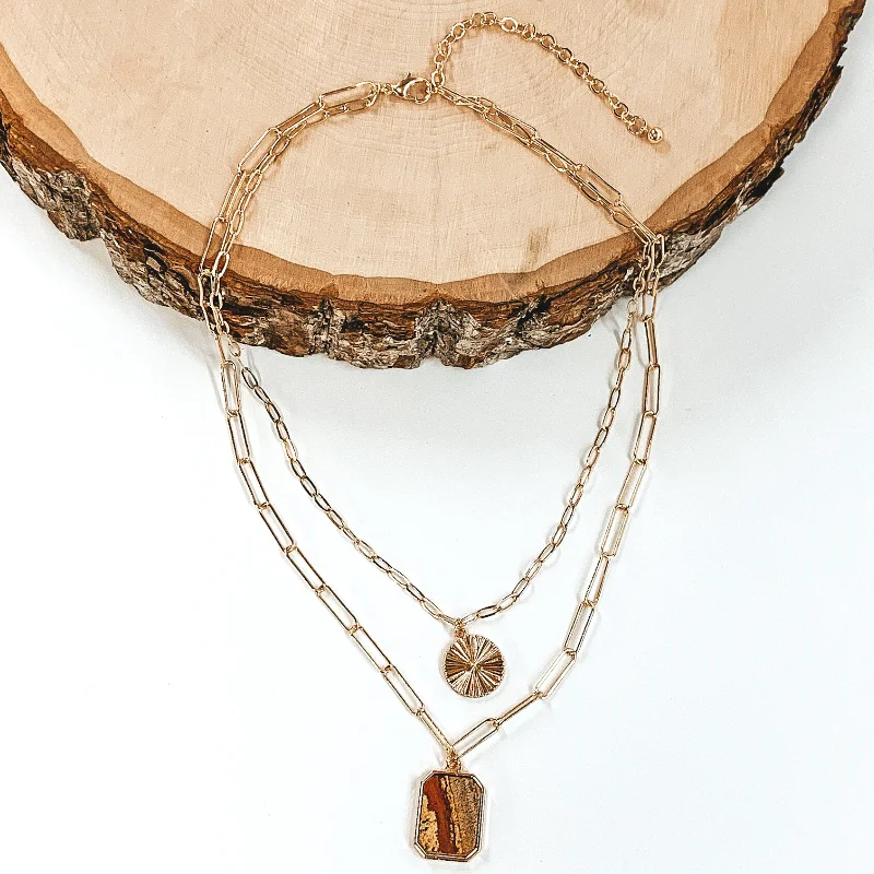 Double Layered Gold Paperclip Chain with Semi Precious Stone Pendant in Tan