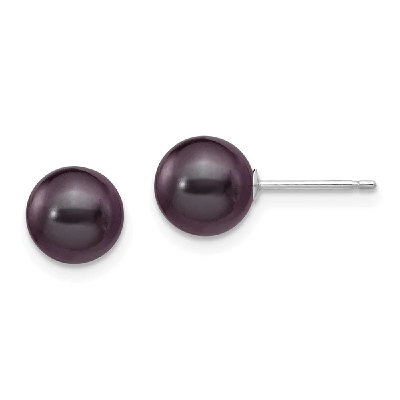 14k White Gold Black Round Cultured Pearl Stud Earrings (L-7 mm, W-8 mm)