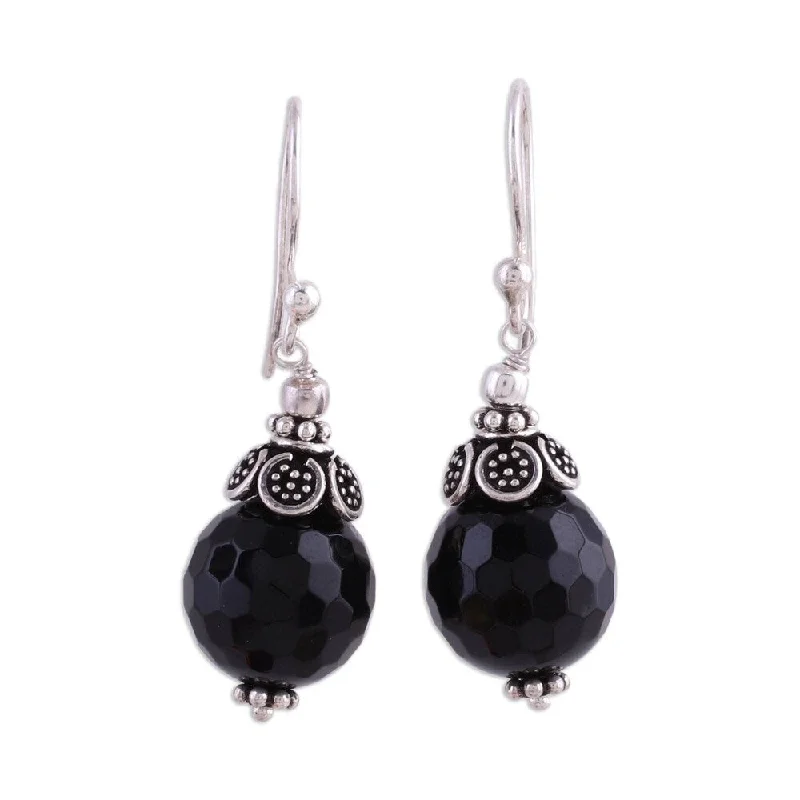 NOVICA Handmade Jaipur Sonnet Sterling Silver Onyx Dangle Earrings (India)