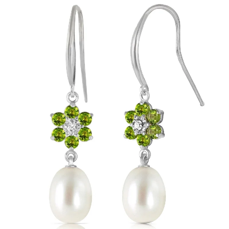 14K Solid Gold Fish Hook Earrings w/ Diamonds, Peridots & Pearls