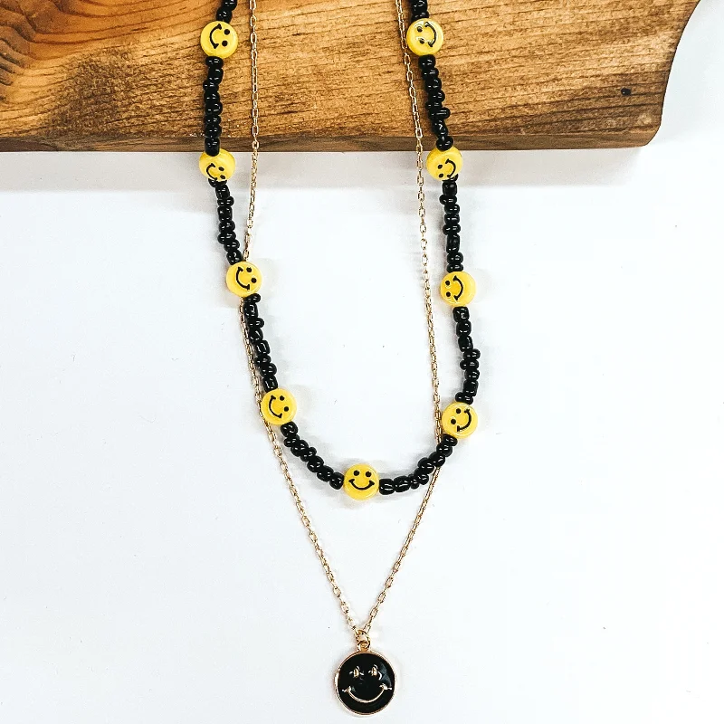 Double Layered Black Beaded and Chain Necklace with Happy Face Pendant in Black