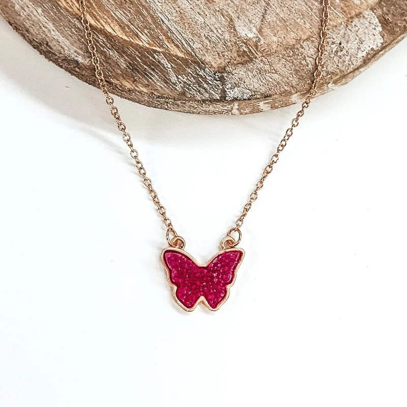 Druzy Butterfly Gold Necklace in Fuchsia