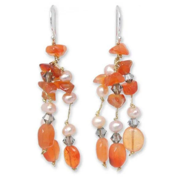 Handmade 'Tangerine Ice' Freshwater Pearl Carnelian Earrings (4 mm) (Thailand)