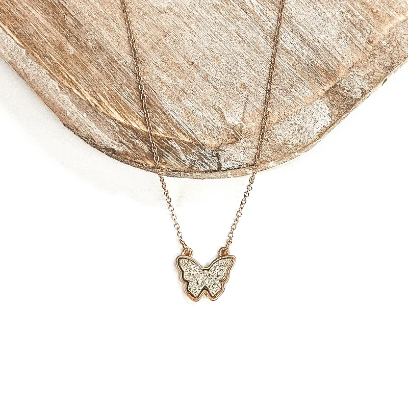 Druzy Butterfly Gold Necklace in White Gold