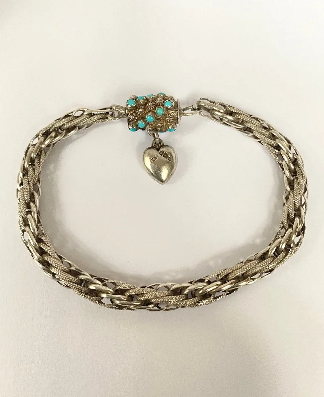 Antique, Victorian Solid Silver Fancy Link bracelet with Turquoise and Heart Clasp