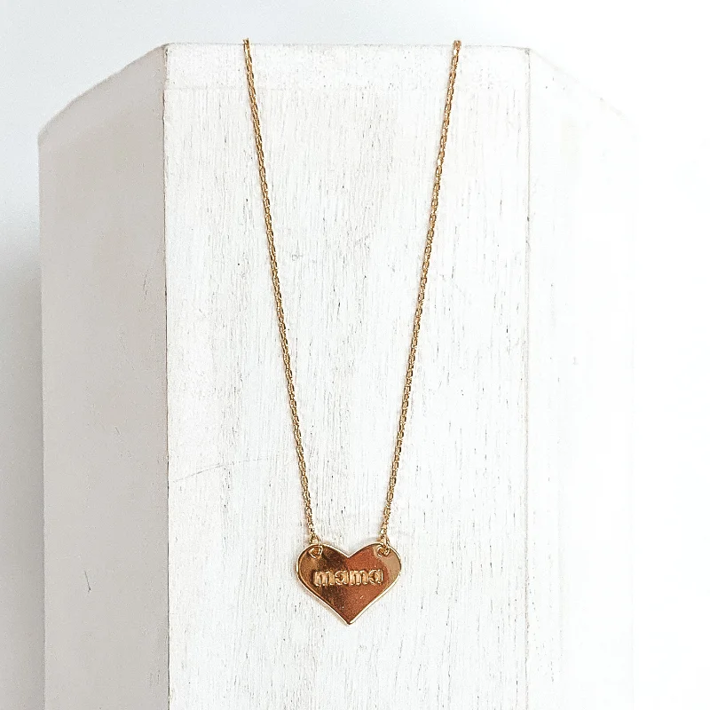 Dainty Chain Necklace with "mama" Heart Pendant in Gold