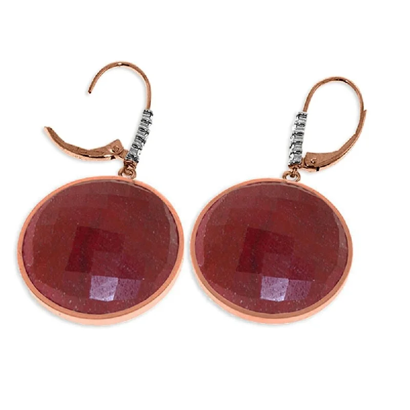 14K Solid Rose Gold Diamonds Leverback Earrings withCheckerboard Cut Round Dyed rubyes