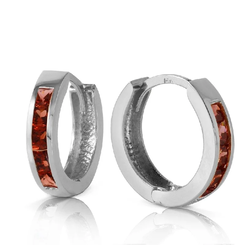 1.3 Carat 14K Solid White Gold Hoop Huggie Earrings Garnet