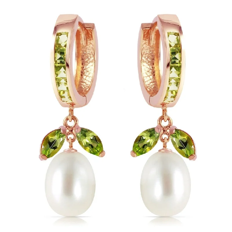 14K Solid Rose Gold Hoop Earrings with Peridots & pearls