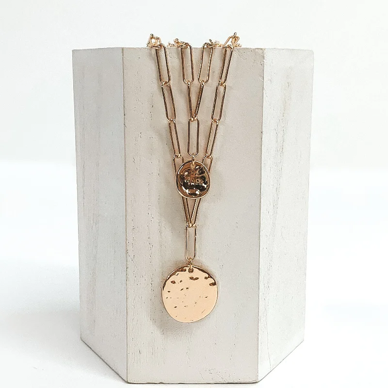 Double Chain Necklace with Hammered Circle Pendants in Gold