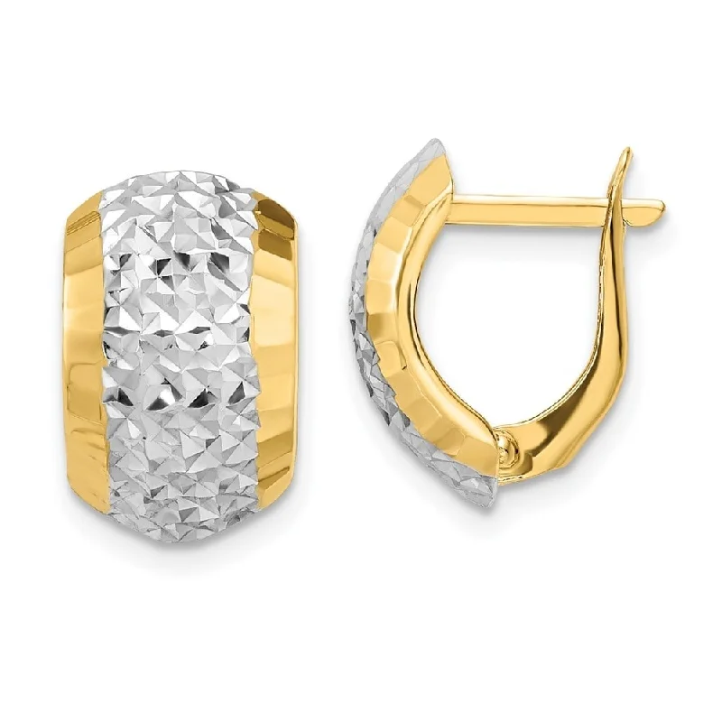 Diamond2Deal 14k Yellow Gold with White Rhodium Diamond-cut Hinged Hoop Earrings (L-14.92mm, W-11.26mm)