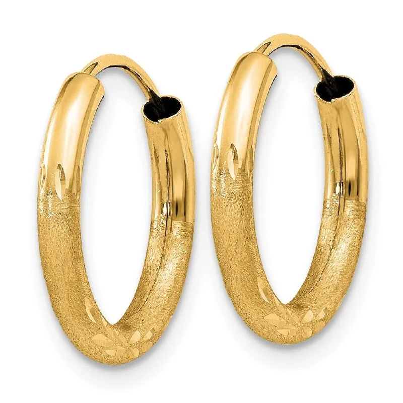 Diamond2Deal 14k Yellow Gold 2mm Satin Diamond-cut Endless Hoop Earrings (L-15mm, W-15mm)