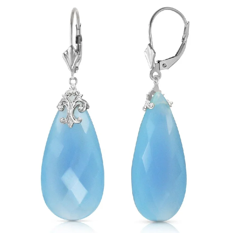 14K Solid White Gold Leverback Earrings with Briolette 31x16 mm Aqua Blue Chalcedony