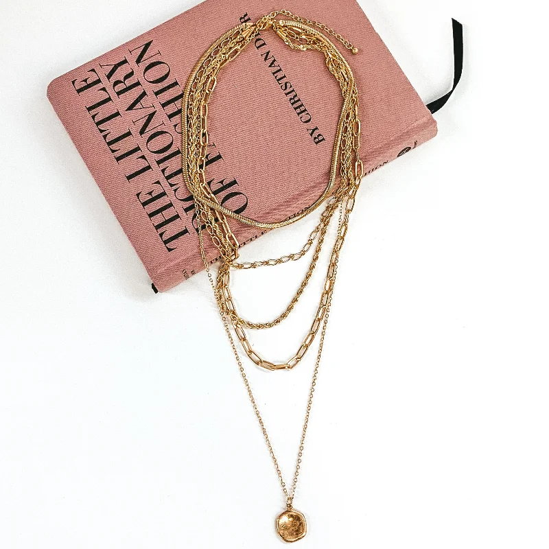 Multi Chain Layered Necklace with Hanging Circle Pendant in Gold Tone